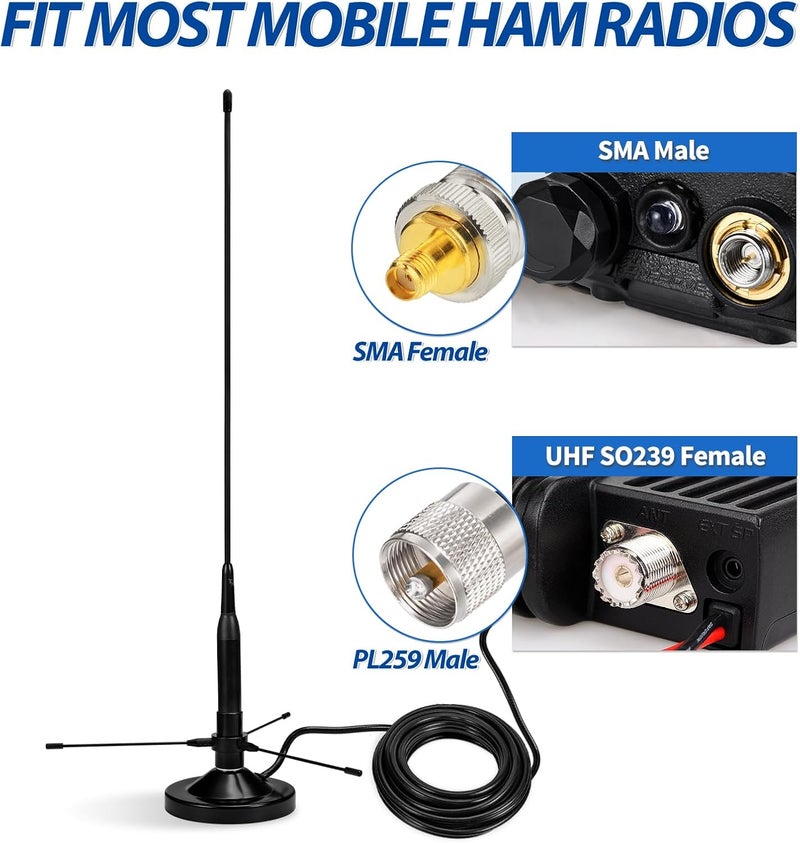 BINGFU Vehicle Mobile Ham Radio Antenna with Ground Planes Dual Band VHF UHF 136-174MHz 400-470MHz Magnetic Base Mount Soft Whip Antenna PL259 Male Connector for Car Marine Amateur Radio - Image 2